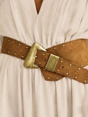 Western Mocha Brown Studded Gold Tone Buckle Wide Belt